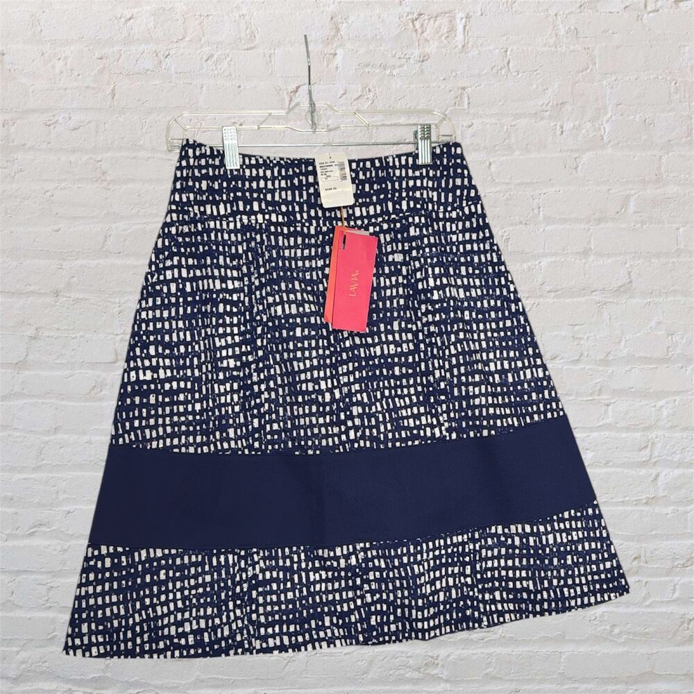 LAVIA Navy Blue White Lined Skirt Women US 12 EU 42 A-Line Knee‎ Length NWT